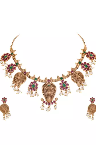 Antique gold-plated temple jewelry necklace set