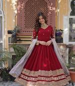 Maroon Designer Wedding N Karwa Chauth Wear Embroidery Work Gown With Dupatta