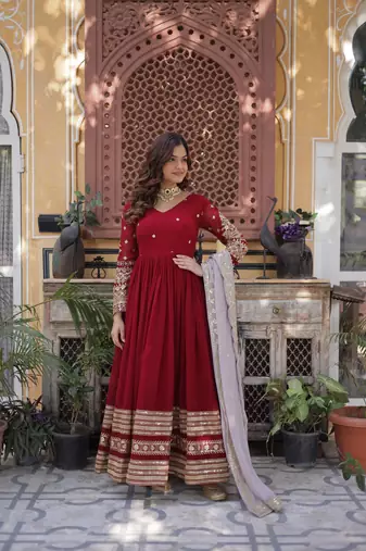 Maroon Designer Wedding N Karwa Chauth Wear Embroidery Work Gown With Dupatta