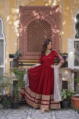 Maroon Designer Wedding N Karwa Chauth Wear Embroidery Work Gown With Dupatta 4
