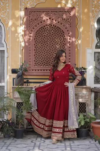 Maroon Designer Wedding N Karwa Chauth Wear Embroidery Work Gown With Dupatta
