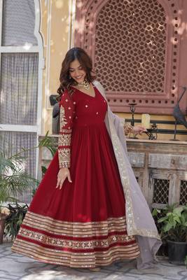 Maroon Designer Wedding N Karwa Chauth Wear Embroidery Work Gown With Dupatta 5