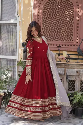 Maroon Designer Wedding N Karwa Chauth Wear Embroidery Work Gown With Dupatta
