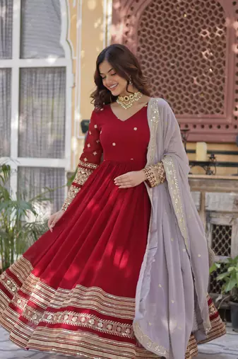 Maroon Designer Wedding N Karwa Chauth Wear Embroidery Work Gown With Dupatta