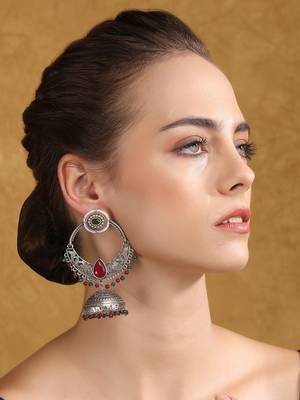 Oxidized silver-plated jhumka earrings with red & green beads 1