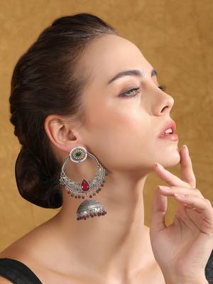 Oxidized silver-plated jhumka earrings with red & green beads 2