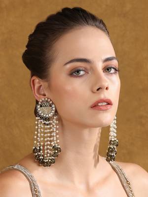 Gold & pearl chandelier earrings with green stone accents 1