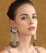 Gold & pearl chandelier earrings with green stone accents