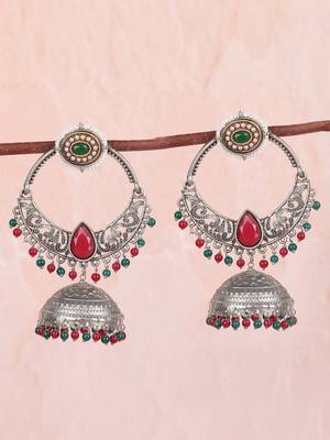 Oxidized silver-plated jhumka earrings with red & green beads 3