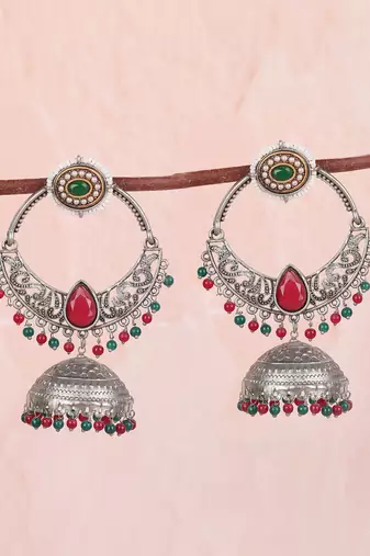 Oxidized silver-plated jhumka earrings with red & green beads