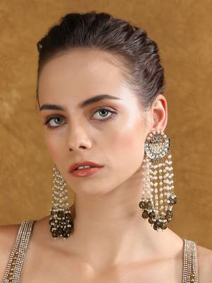 Gold & pearl chandelier earrings with green stone accents 2