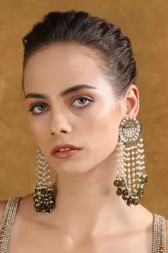 Gold & pearl chandelier earrings with green stone accents