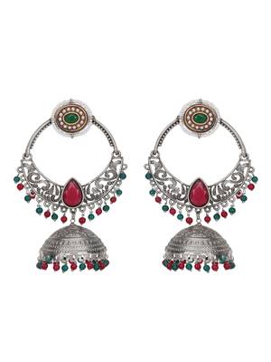 Oxidized silver-plated jhumka earrings with red & green beads 4