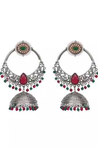Oxidized silver-plated jhumka earrings with red & green beads