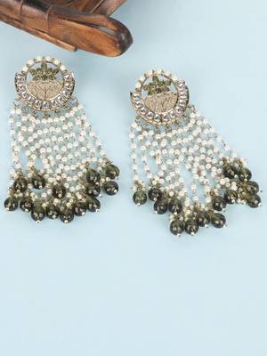 Gold & pearl chandelier earrings with green stone accents 3