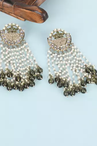 Gold & pearl chandelier earrings with green stone accents