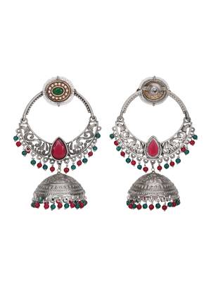 Oxidized silver-plated jhumka earrings with red & green beads 5