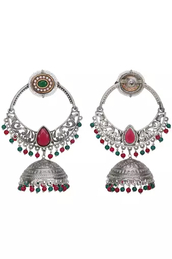 Oxidized silver-plated jhumka earrings with red & green beads