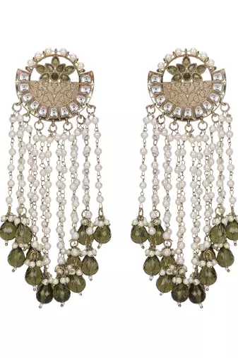 Gold & pearl chandelier earrings with green stone accents