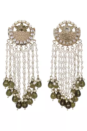 Gold & pearl chandelier earrings with green stone accents