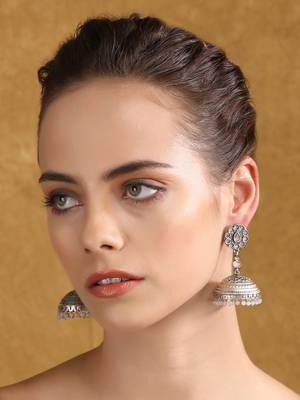 Antique silver-plated jhumka earrings with pastel beads 1
