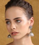 Antique silver-plated jhumka earrings with pastel beads