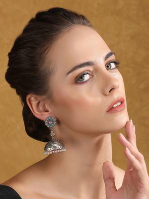 Antique silver-plated jhumka earrings with pastel beads 2