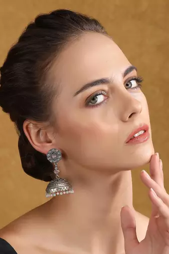 Antique silver-plated jhumka earrings with pastel beads