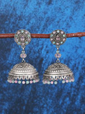 Antique silver-plated jhumka earrings with pastel beads 3