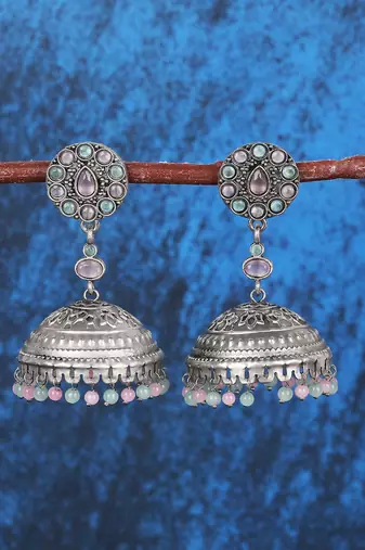 Antique silver-plated jhumka earrings with pastel beads