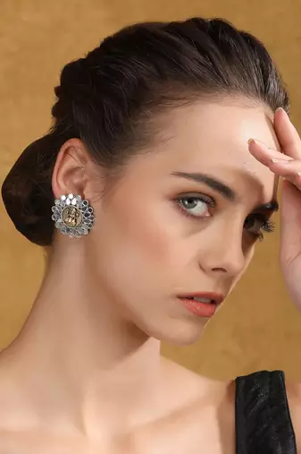 Antique lakshmi motif stud earrings with mirror work