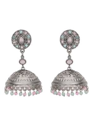 Antique silver-plated jhumka earrings with pastel beads 4