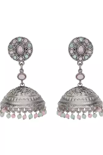 Antique silver-plated jhumka earrings with pastel beads