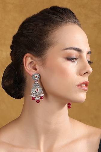 Antique silver-plated earrings with ruby & pearl drops