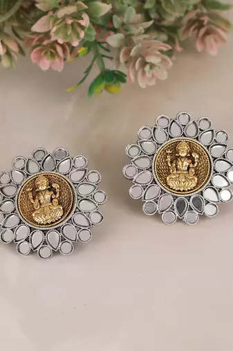 Antique lakshmi motif stud earrings with mirror work