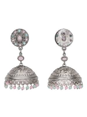 Antique silver-plated jhumka earrings with pastel beads 5