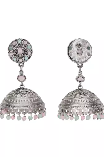 Antique silver-plated jhumka earrings with pastel beads