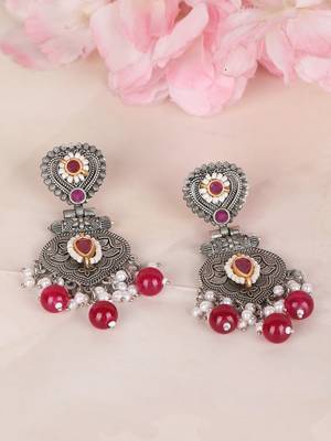Antique silver-plated earrings with ruby & pearl drops 2
