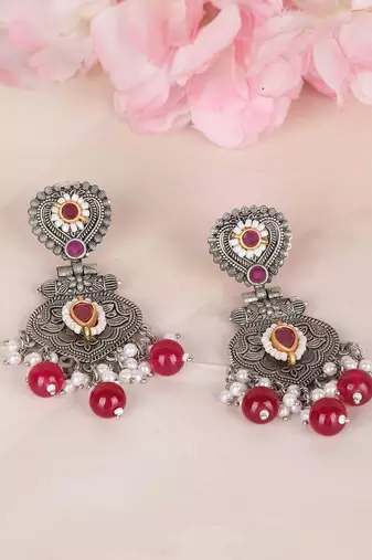 Antique silver-plated earrings with ruby & pearl drops