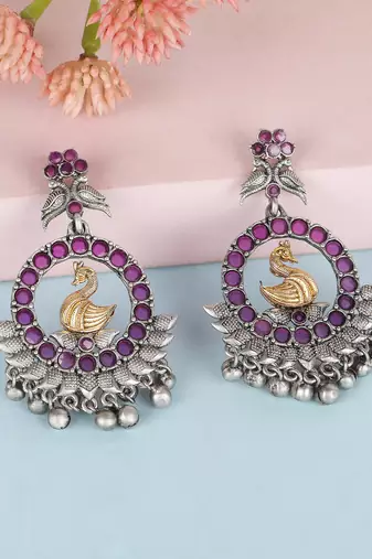 Antique silver-plated swan motif earrings with pink stones