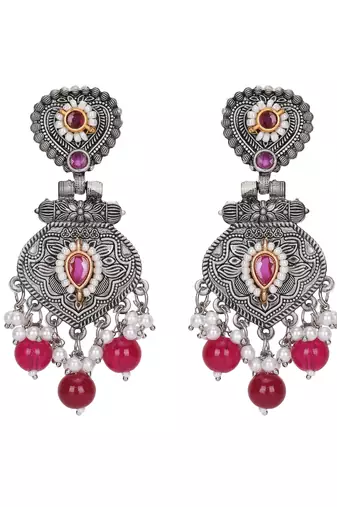 Antique silver-plated earrings with ruby & pearl drops