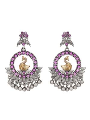 Antique silver-plated swan motif earrings with pink stones 4