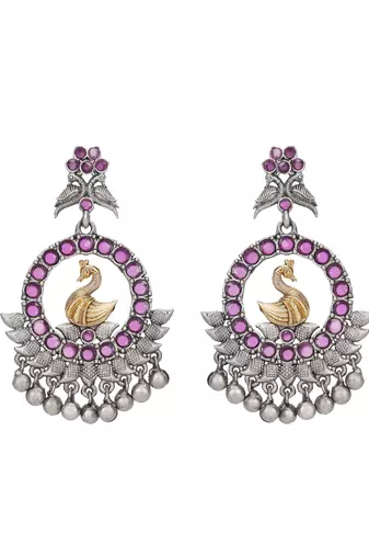 Antique silver-plated swan motif earrings with pink stones