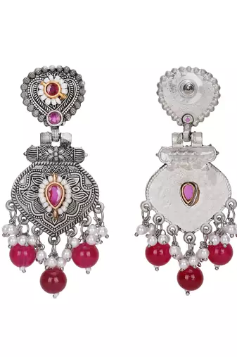 Antique silver-plated earrings with ruby & pearl drops