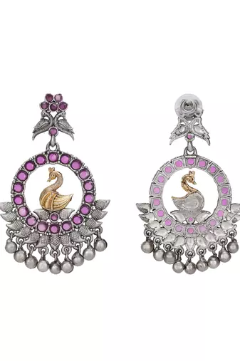 Antique silver-plated swan motif earrings with pink stones