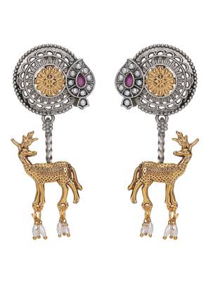 Elegant dual-tone deer motif earrings with pearl drops 3