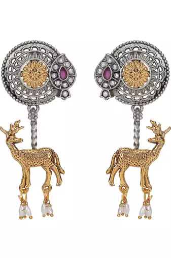 Elegant dual-tone deer motif earrings with pearl drops