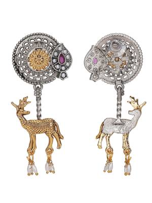 Elegant dual-tone deer motif earrings with pearl drops 5