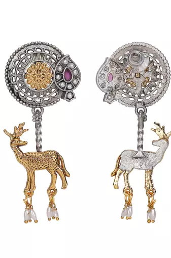 Elegant dual-tone deer motif earrings with pearl drops