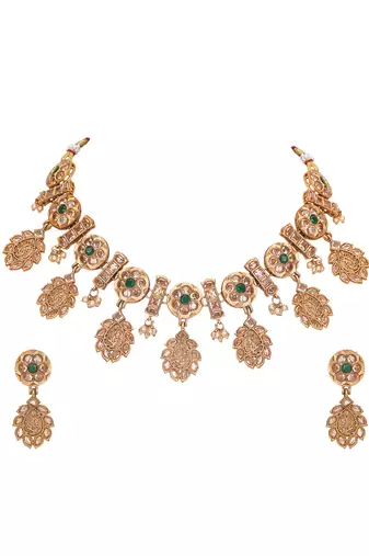Oxidized gold-plated necklace set with intricate detailing